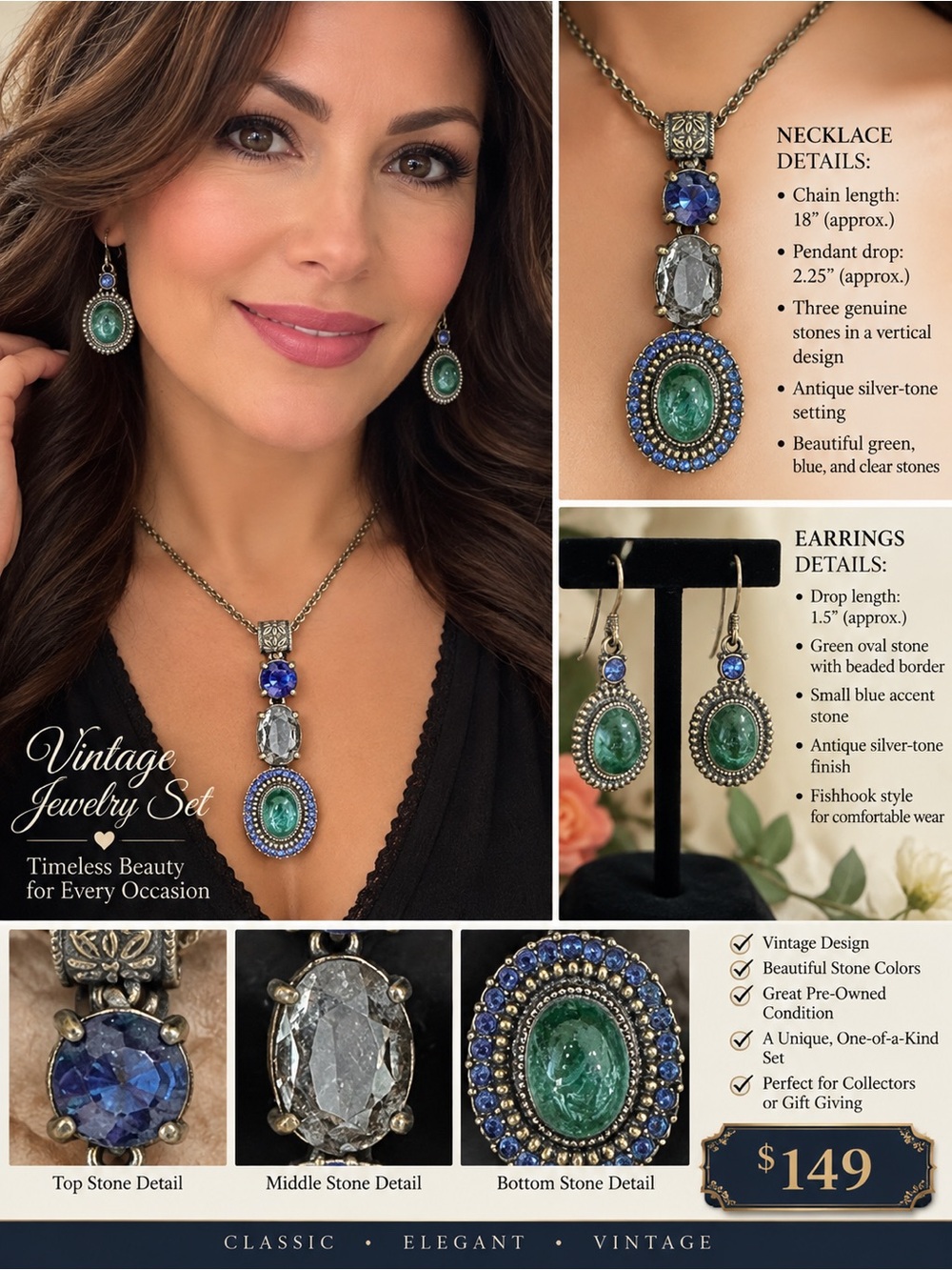 Vintage-Inspired Green & Blue Stone Necklace and Earrings Set